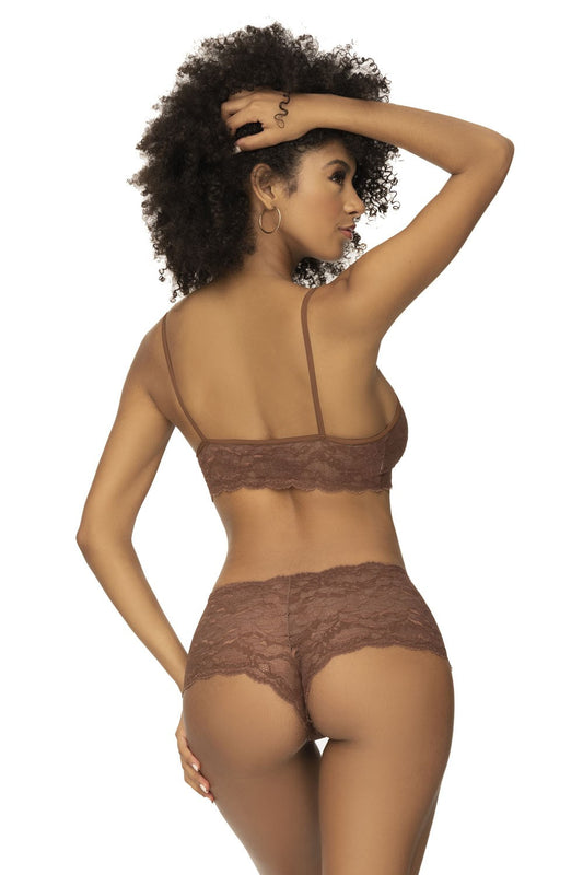 Ensemble 2 pièces en dentelle, top à bretelles et shorty couleur cacao