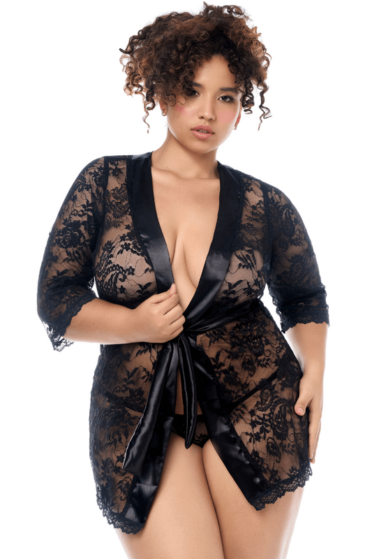 Peignoir en dentelle grande taille avec string assorti