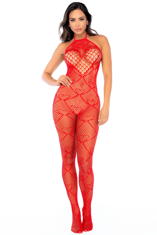 Bodystocking en résille rouge à motif cœur, orné de strass, ouvert à l’entrejambe