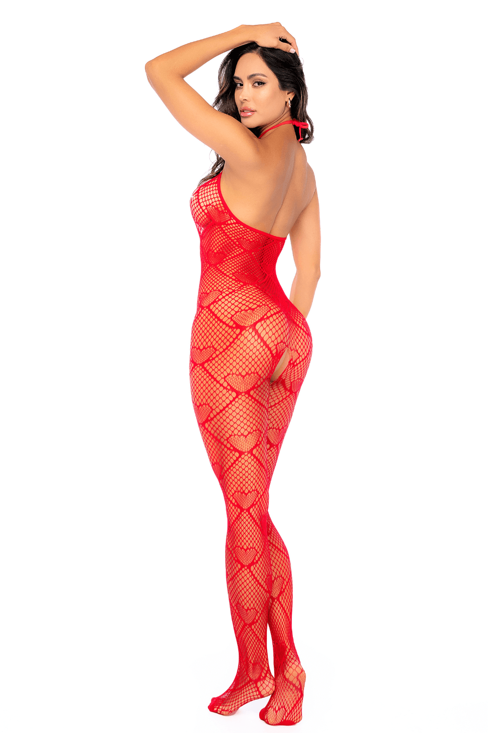 Bodystocking en résille rouge à motif cœur, orné de strass, ouvert à l’entrejambe