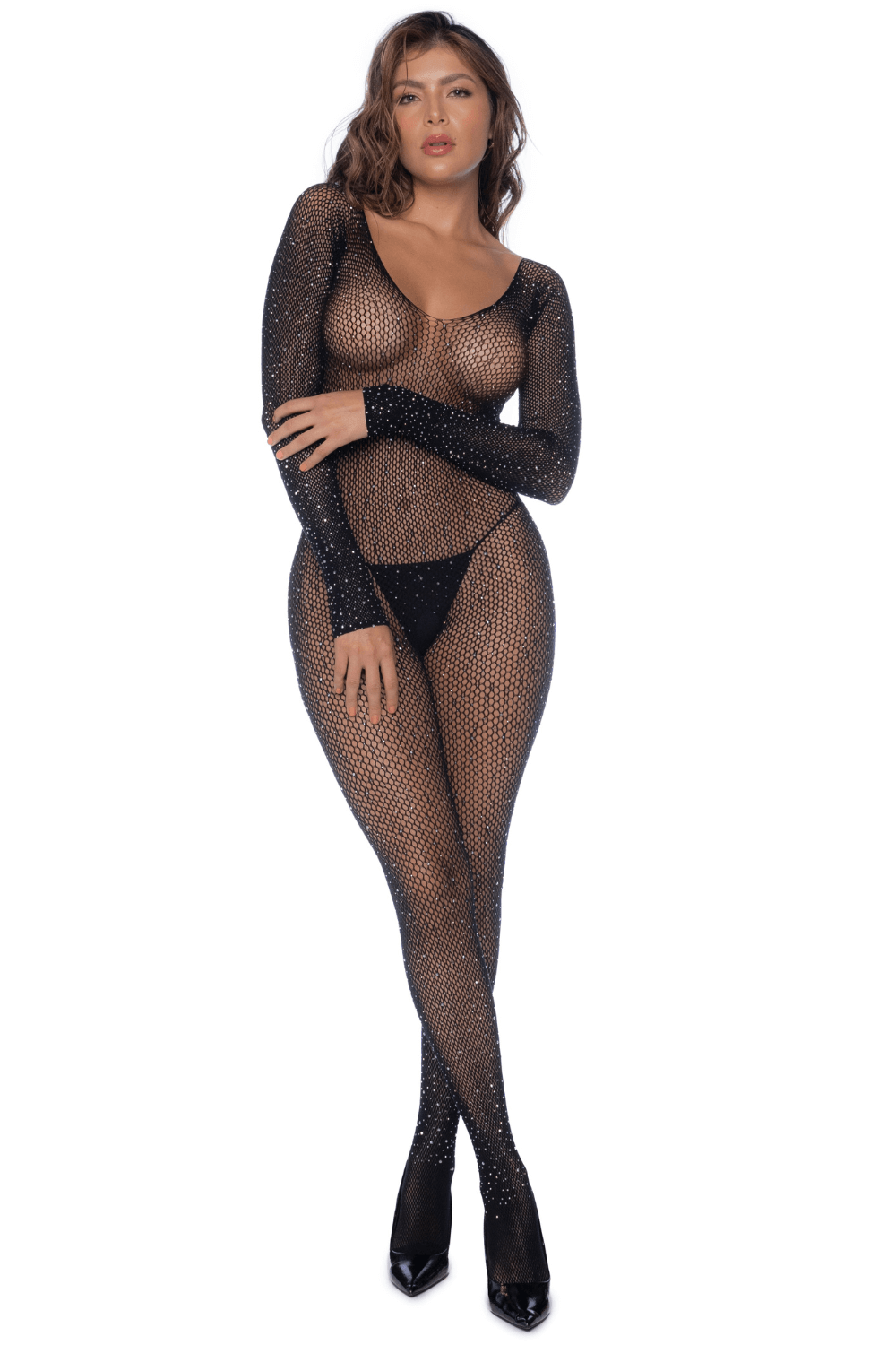 Combinaison noire en résille ornée de strass