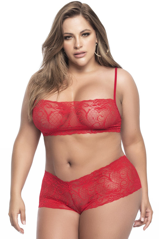 Ensemble lingerie, grande taille, rouge top bustier et shorty dentelle