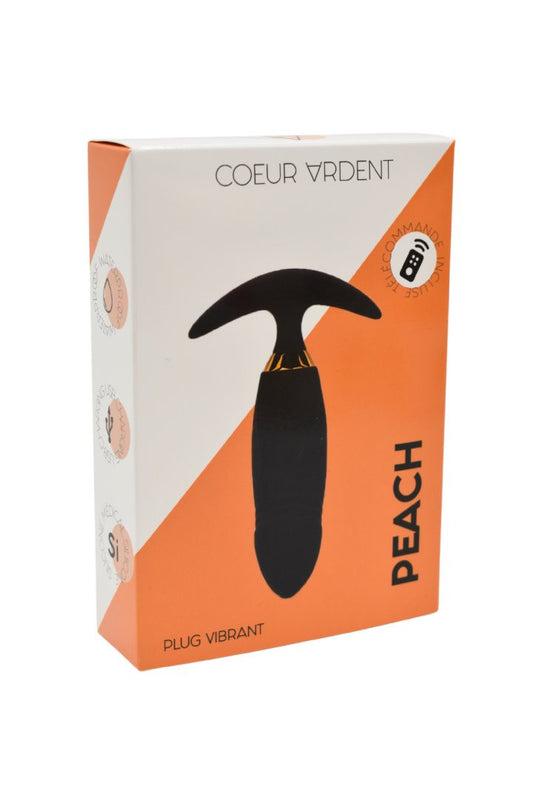 PEACH, Plug Vibrant noir long USB avec télécommande, dans un silicone médical doux et lisse