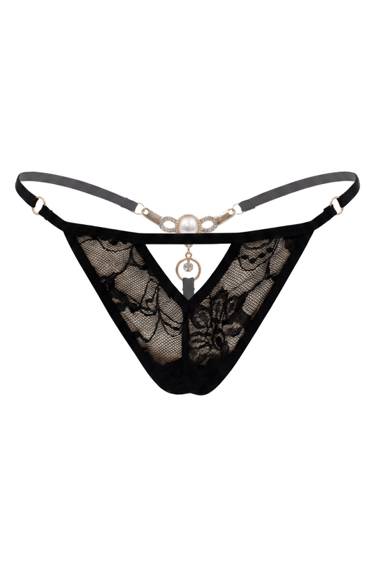 String noir avec bijou perle strass dorés