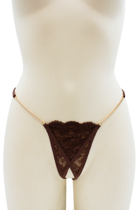String en dentelle marron ouvert avec chaînes dorées