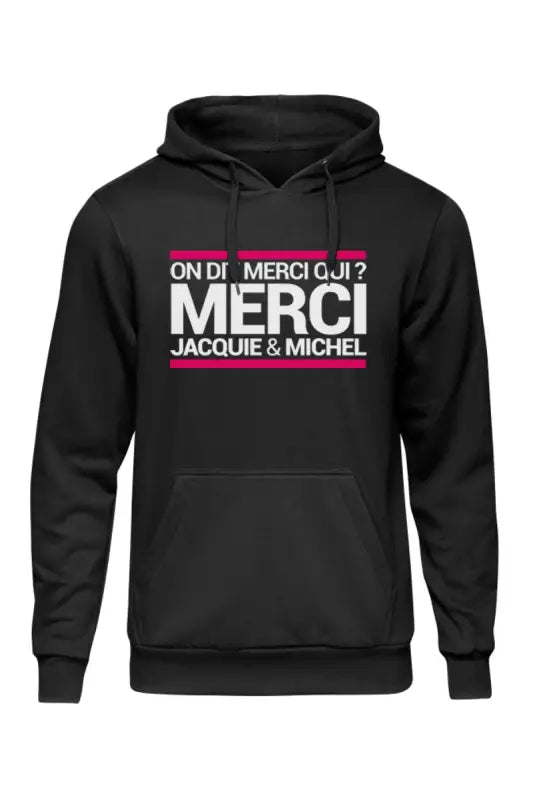 Sweat à capuche noir avec texte blanc.