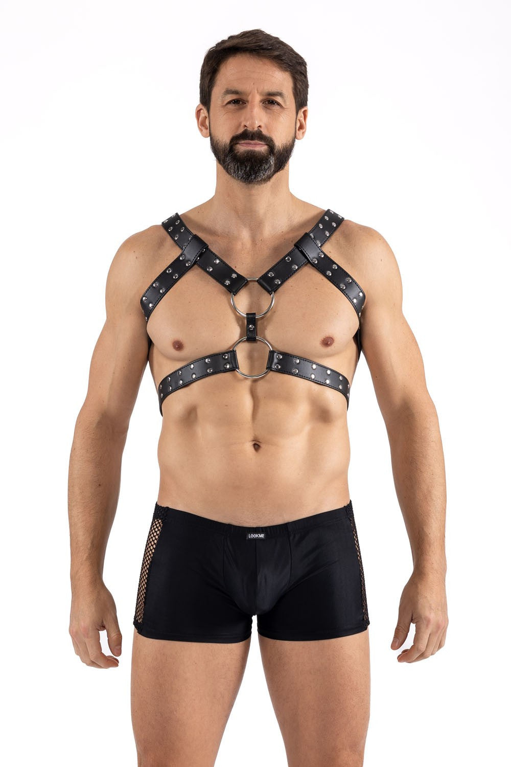 Harnais homme simili cuir avec sangles reliées par de larges anneaux