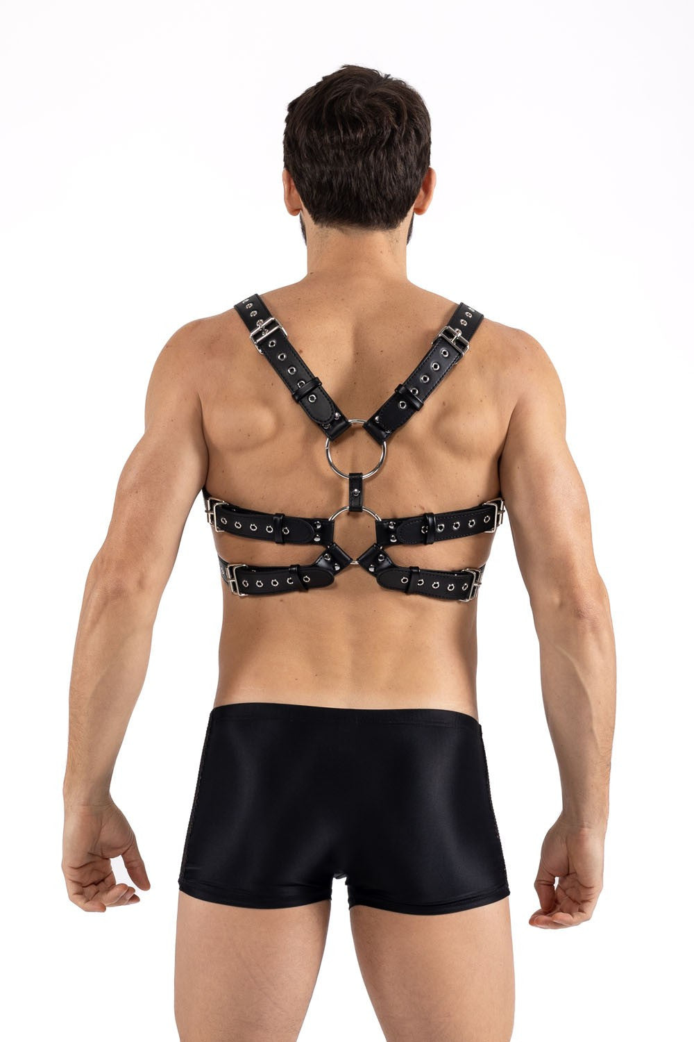Harnais homme simili cuir avec sangles reliées par de larges anneaux