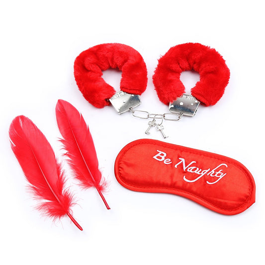 Kit coquin 4 pièces : Menottes, 2 plumes et masque rouge · Dreamy Fetish