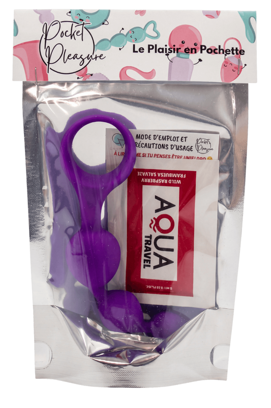 Chapelet anal 3 boules violet silicone 15 cm dosette lubrifiant
