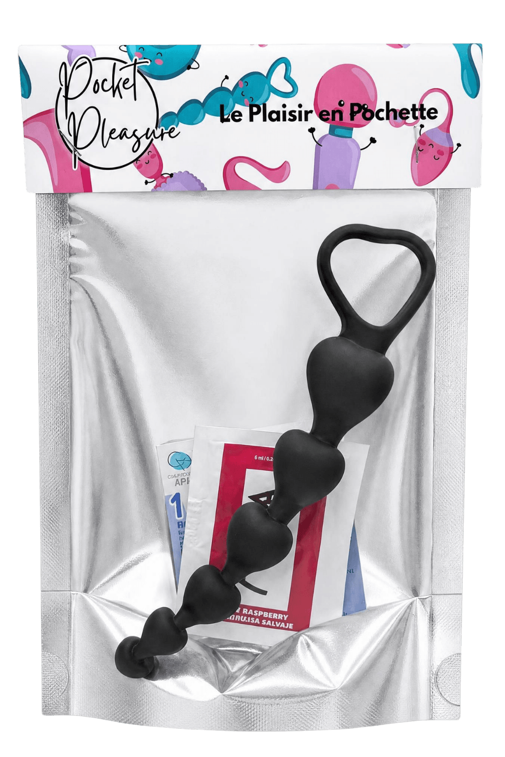 Chapelet Anal Cœur Silicone Noir 1 dosette de lubrifiant