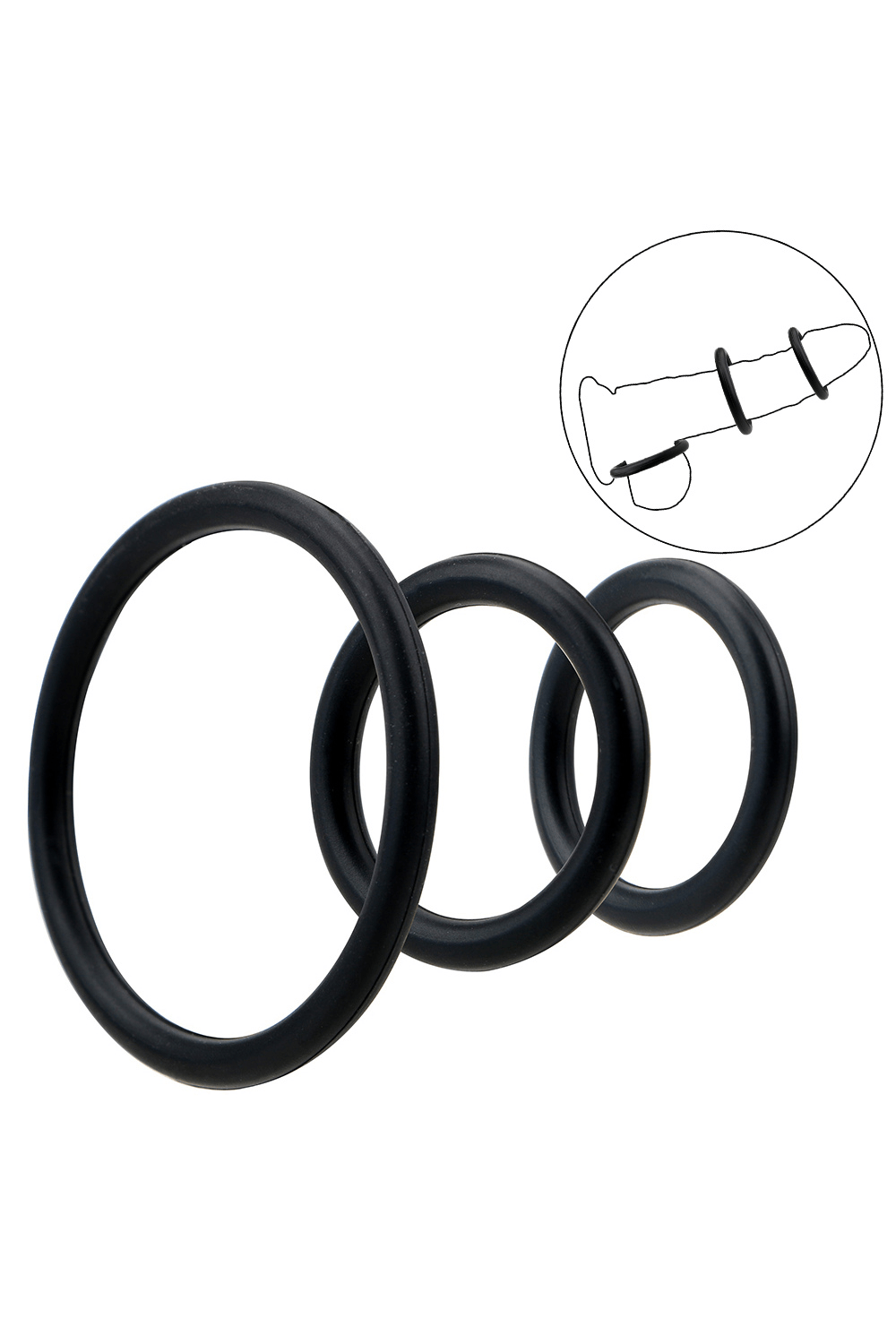 Trio d'Anneaux Péniens Silicone Noir dosette de lubrifiant