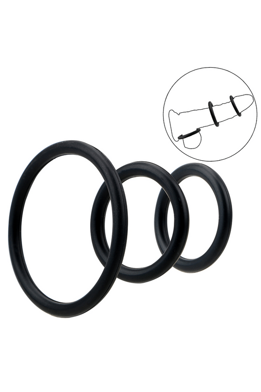 Trio d'Anneaux Péniens Silicone Noir dosette de lubrifiant