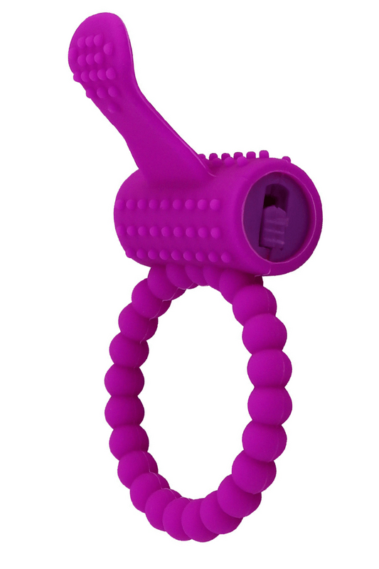 Anneau violet vibrant silicone avec langue picot dosette de lubrifiant
