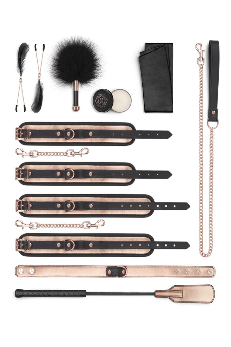 Kit complet 9 accessoires noir et rose gold BDSM solide et confortable pour les amateurs SM ou les plus expérimentés