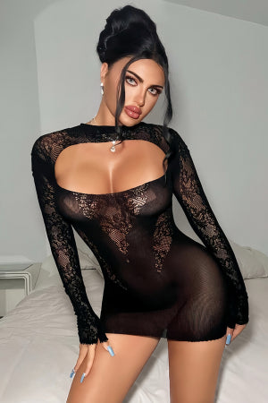 Robe résille noire décolletée à manches longues