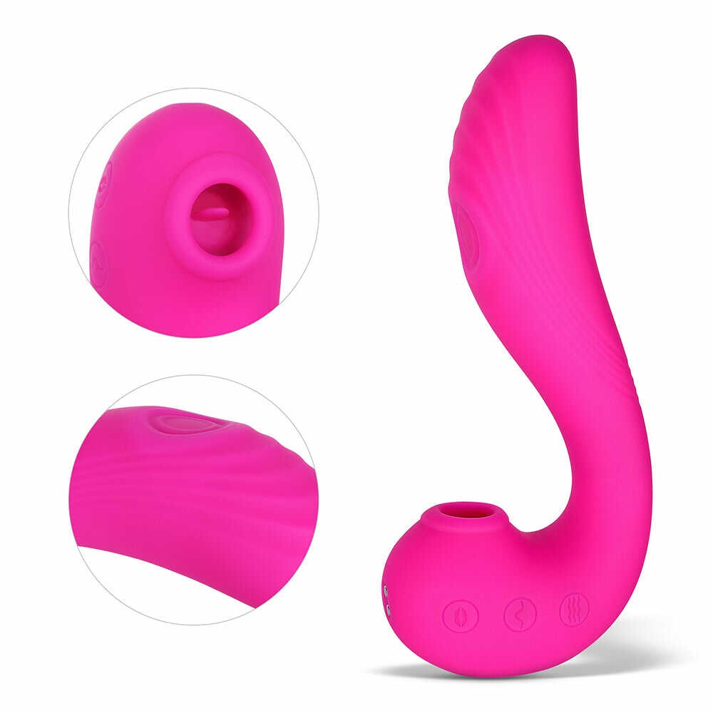 Vibromasseur 3 en 1 rose pour stimulation du point G et du clitoris. Avec embout spécialement disponible chez LollyDoll