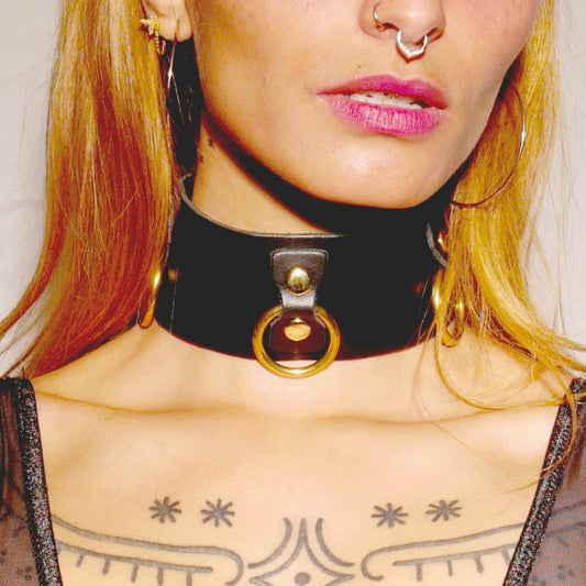 Collier en cuir Collection Anneaux NOIR & GOLD