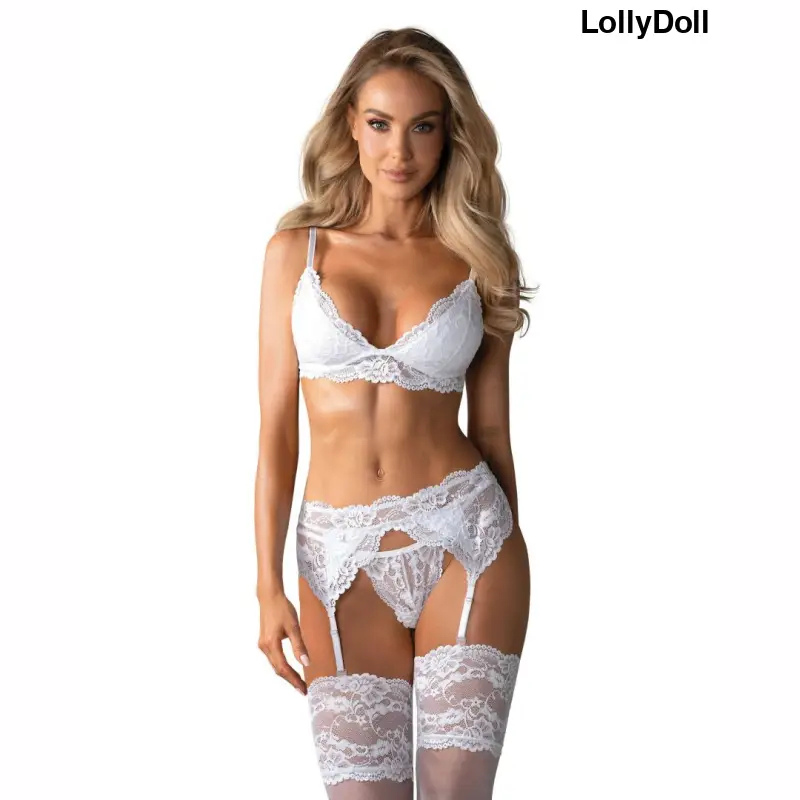 Ensemble 3 pièces de lingerie fine - Blanc, éblouissant , pour mariage, lune de miel , port jarretelle , soutien-gorge et string pour le laisser sans voix , disponible chez LollyDoll au meilleur prix  