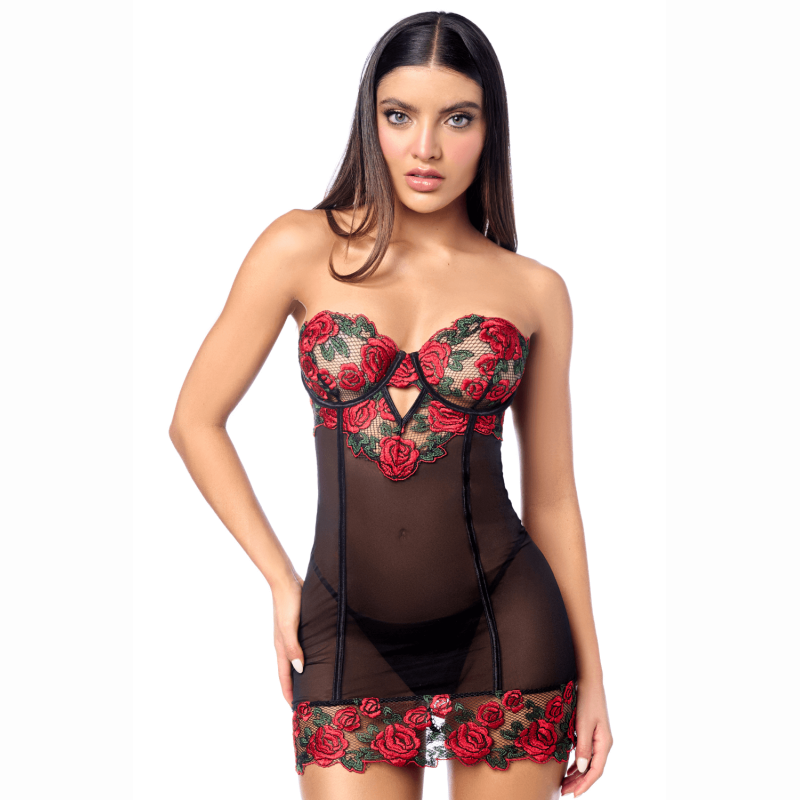 Babydoll sexy broderie roses dos lacé Mapalé — vue de face armatures et résille brodée
