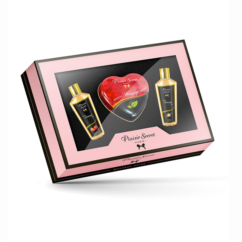 Coffret massage coquin huile bougie naturel Plaisir Secret — vue d'ensemble 3 produits dans son coffret