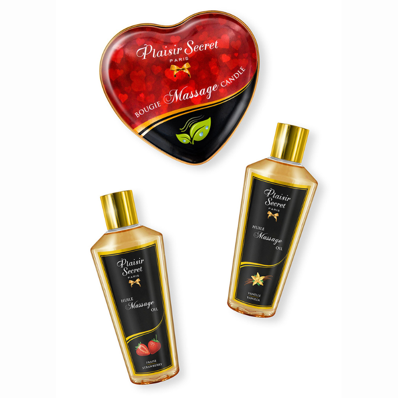 Coffret massage coquin huile bougie naturel — détail 2 huiles sèches et bougie cœur comestible