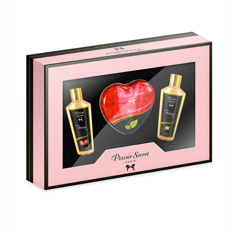 Coffret massage coquin huile bougie naturel Plaisir Secret — emballage recyclable made in France