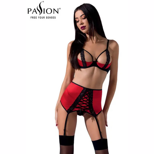 Ensemble lingerie à jarretelles Femmina - Passion, rouge et noir , cet ensemble est conçu pour faire tourner les têtes de ceux qui vous verront avec, disponible chez LollyDoll au meilleur prix 