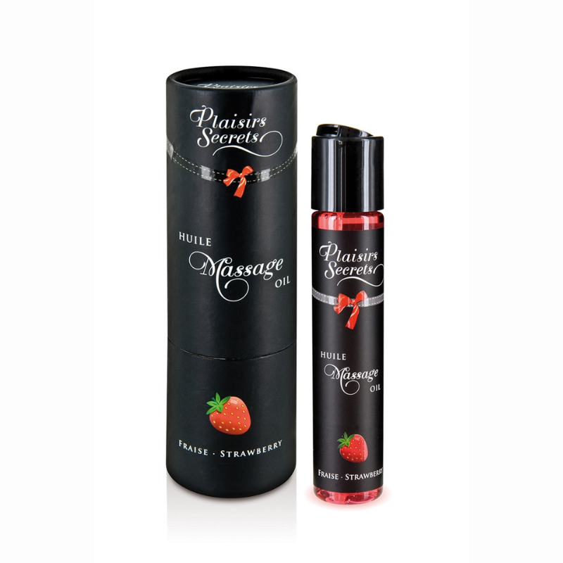 Huile massage gourmande Plaisirs Secrets fraise 59ml comestible flacon LollyDoll