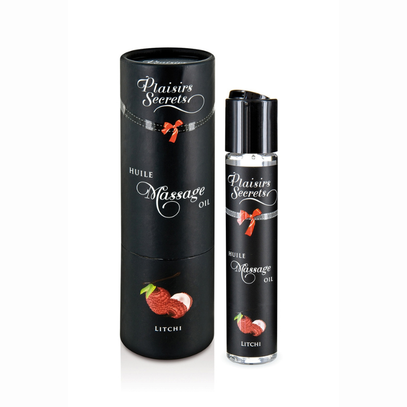 Huile massage gourmande Plaisirs Secrets litchi 59ml comestible flacon LollyDoll