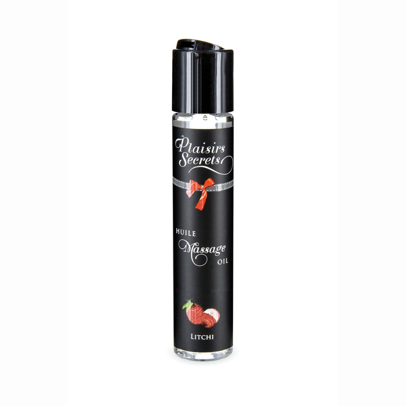 Huile massage gourmande Plaisirs Secrets litchi bouchon flip-top 100% végétale