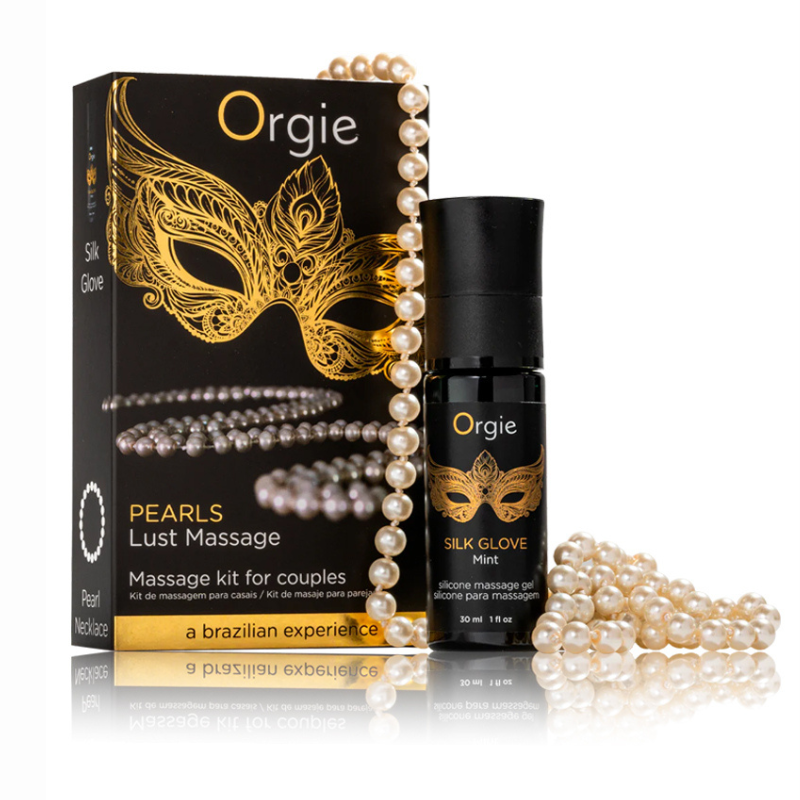 Kit massage érotique perles gel silicone Orgie Pearls Lust — vue d'ensemble gel Silk Glove, collier et guide