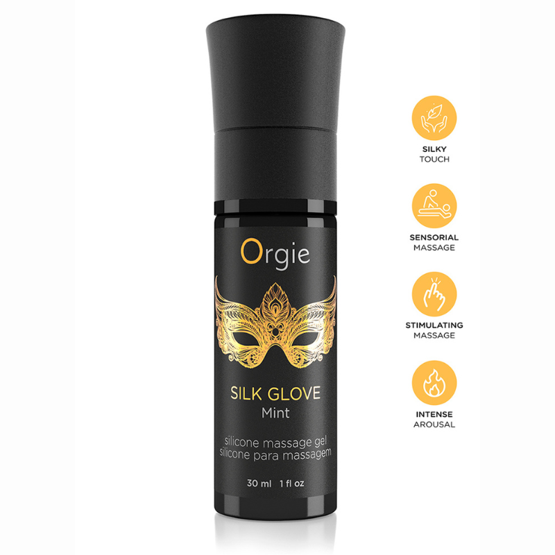 Kit massage érotique perles gel silicone — détail collier de perles nacrées et flacon Silk Glove 30ml