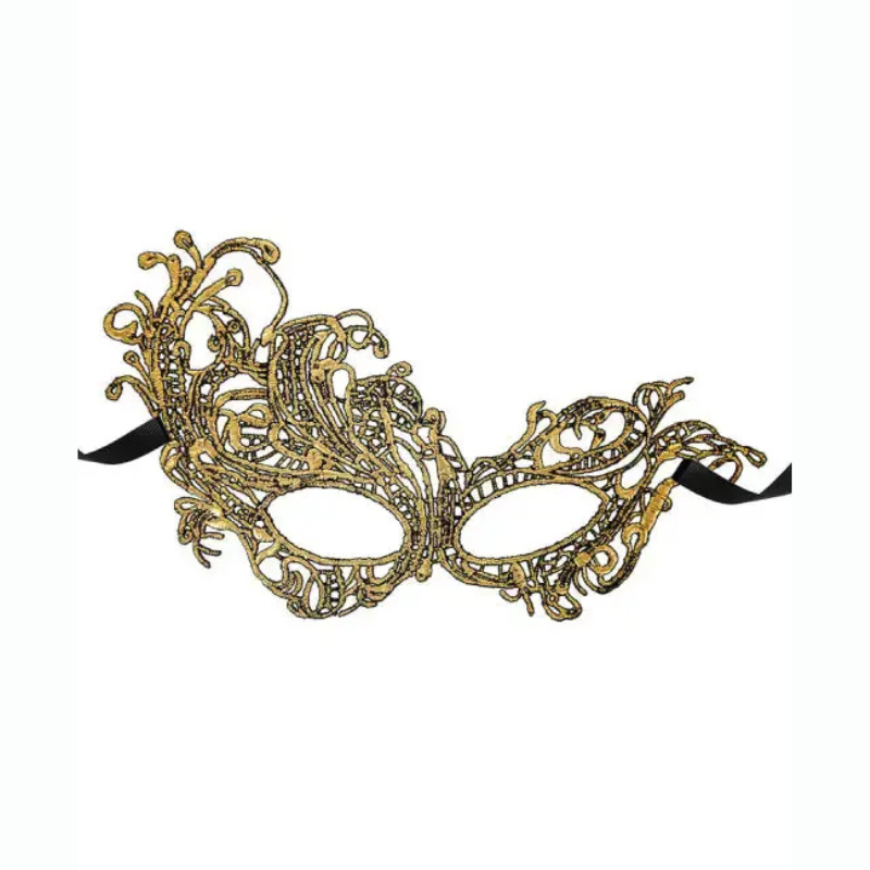 Masque sexy Loup souple en dentelle brodée, couleur dorée, de haute qualité et forme asymétrique, pour accompagner vos tenues coquines ou vos déguisements sexy.