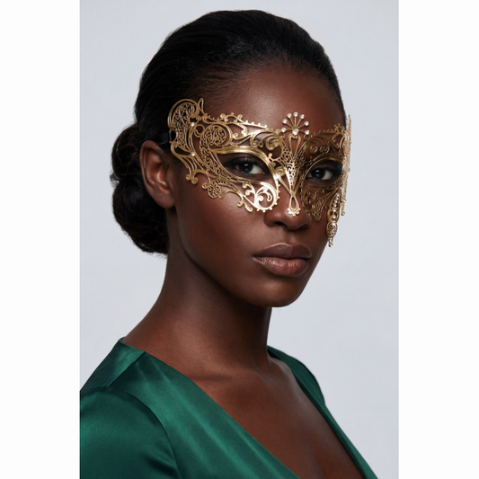 Masque vénitien doré strass Bianca — vue de profil, liens d'attache ajustables