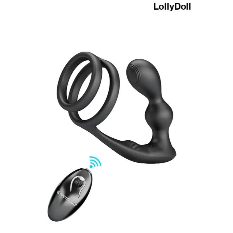 Masseur de prostate en silicone noir télécommandé avec anneaux péniens disponible sur LollyDoll