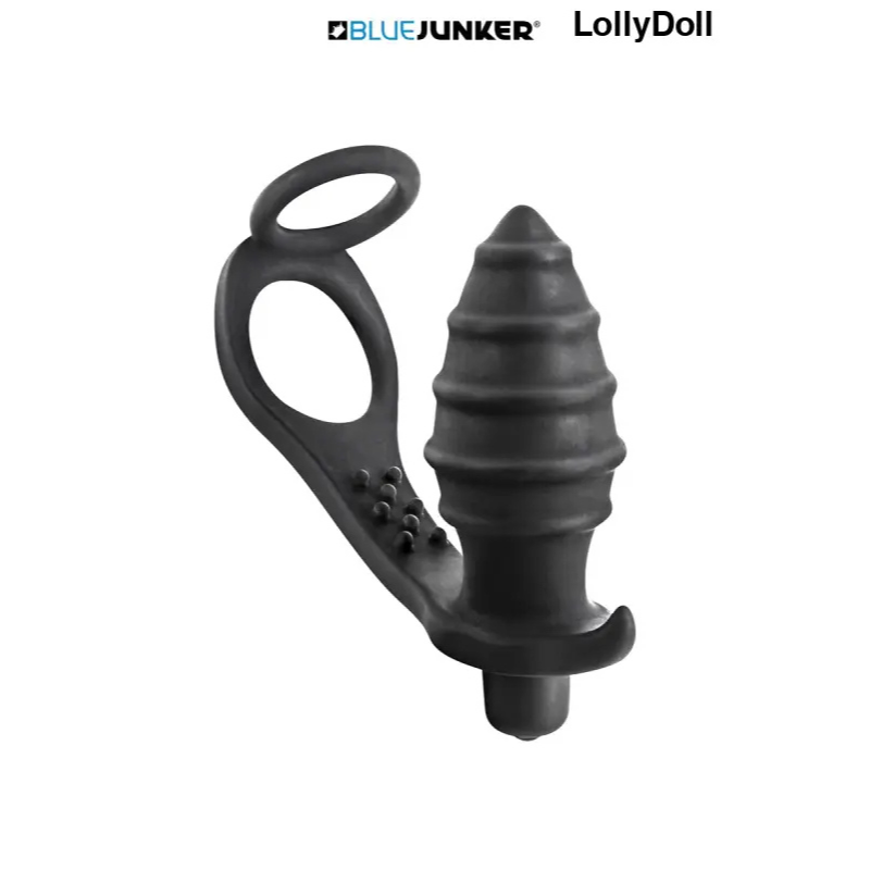 Cockring double combiné à un Plug anal vibrant noir strié de BlueJunker un jouet intime masculin pour des sensations inégalée, orgasme assuré grâce au point G pour homme, le tout  au meilleur prix sur LollyDoll