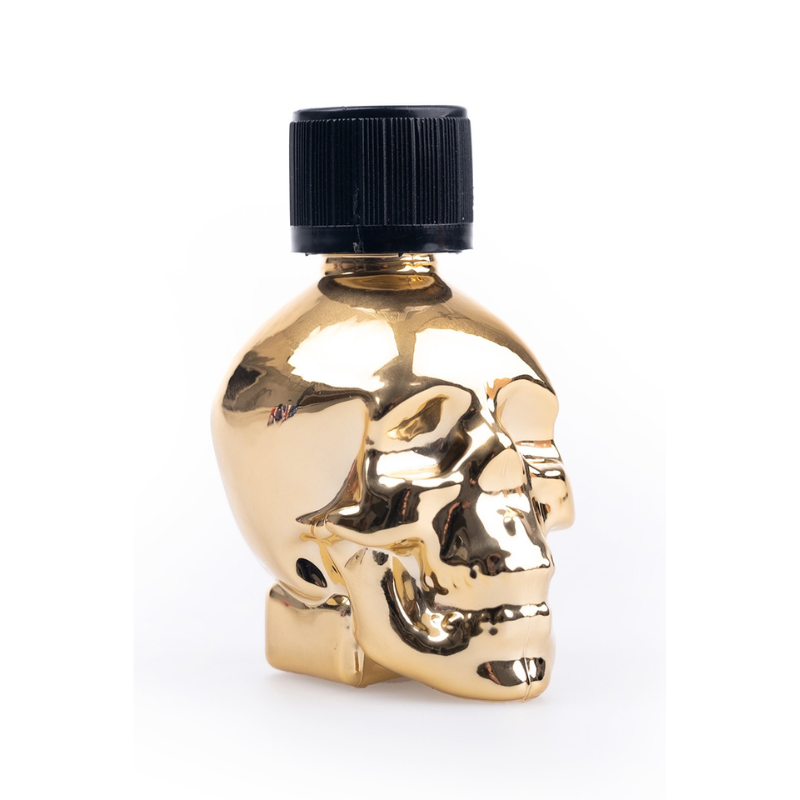 Le Poppers Gold Skull Pentyl 24 ml est un arôme d’ambiance pour adultes qui se distingue autant par sa puissance que par son design audacieux en tête de mort dorée