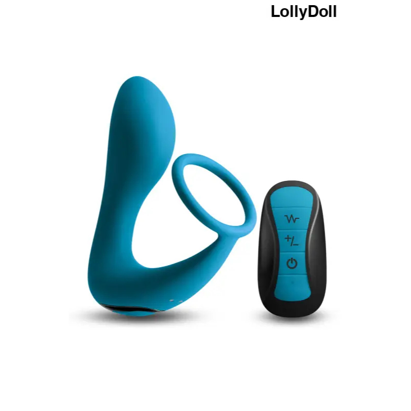 Cockring et plug vibrant combiné bleu avec télécommande disponible sur LollyDoll