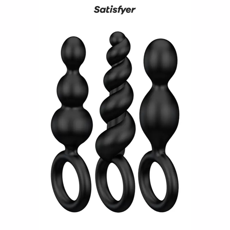 Set de 3 plugs noirs Booty Call - Satisfyer textures différentes pour un plaisir différent chez LollyDoll