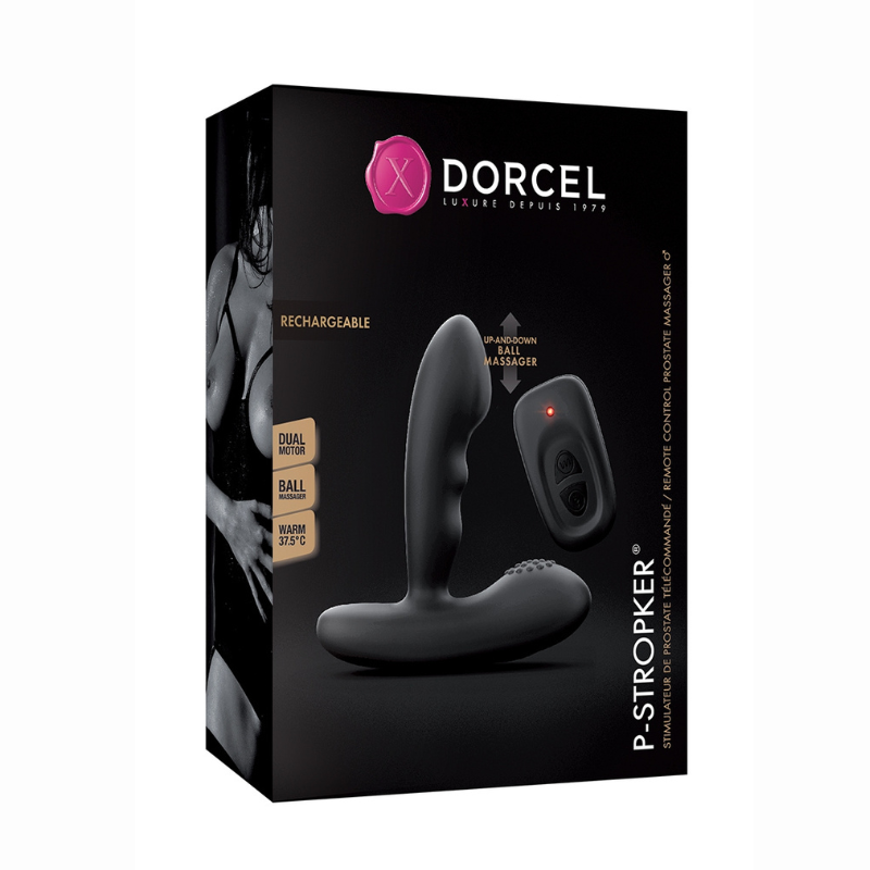 P Stroker Dorcel stimulateur prostatique chauffant télécommandé – détail télécommande sans fil et pochon rangement fourni
