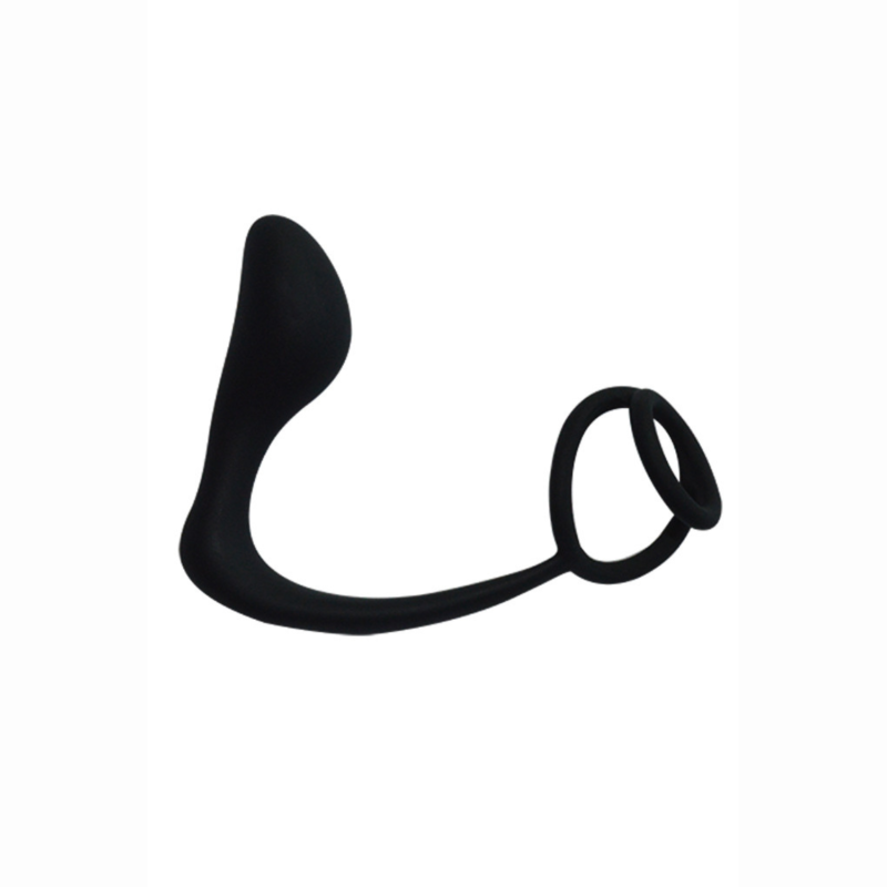 Stimulateur prostatique cockring silicone Gaston Coeur Ardent – vue ensemble double anneau pénien et partie prostatique noir
