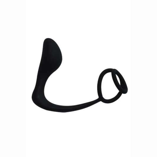 Stimulateur prostatique cockring silicone Gaston Coeur Ardent – vue ensemble double anneau pénien et partie prostatique noir
