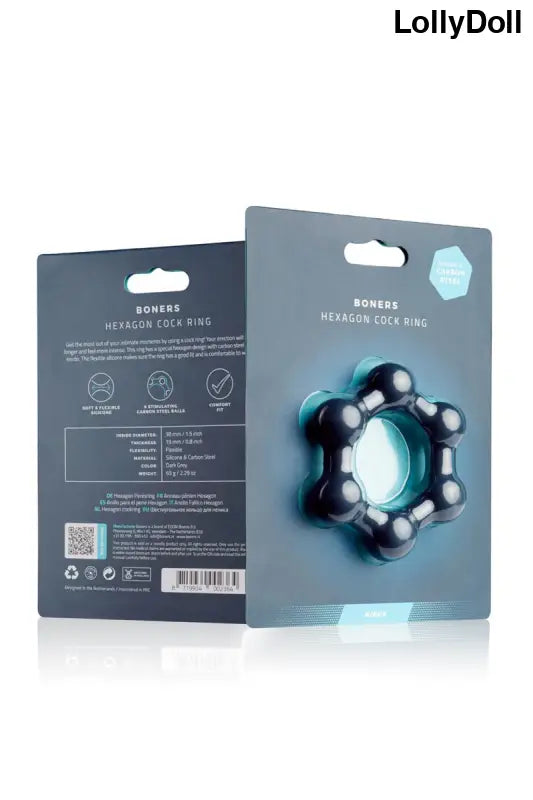 Cockring hexagonal en acier avec billes pour des sensations intenses. Gaine de plaisir pour des disponible chez LollyDoll