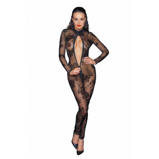 Combinaison intégrale manches longues avec fermeture éclair sur l'avant, transparente avec motifs floraux noirs très sexy