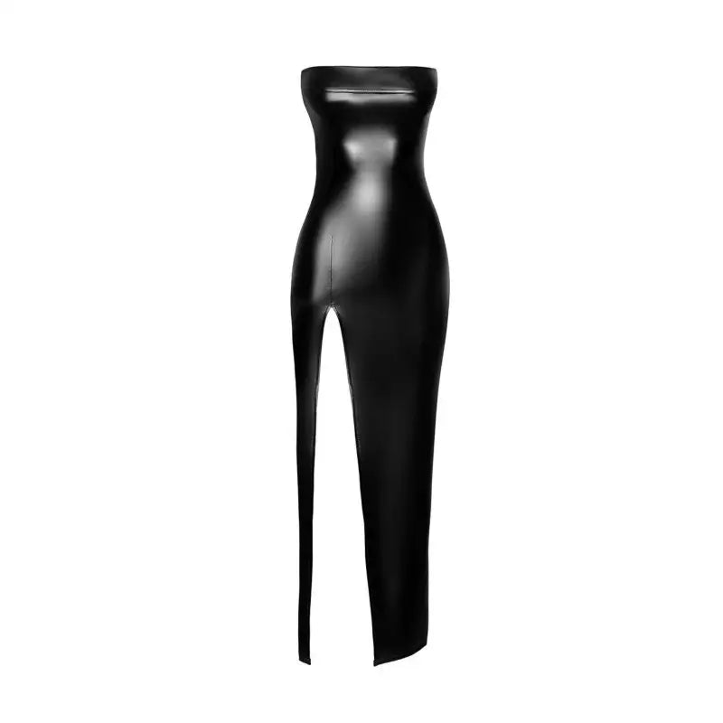 Robe bustier noire élégante avec fente haute.