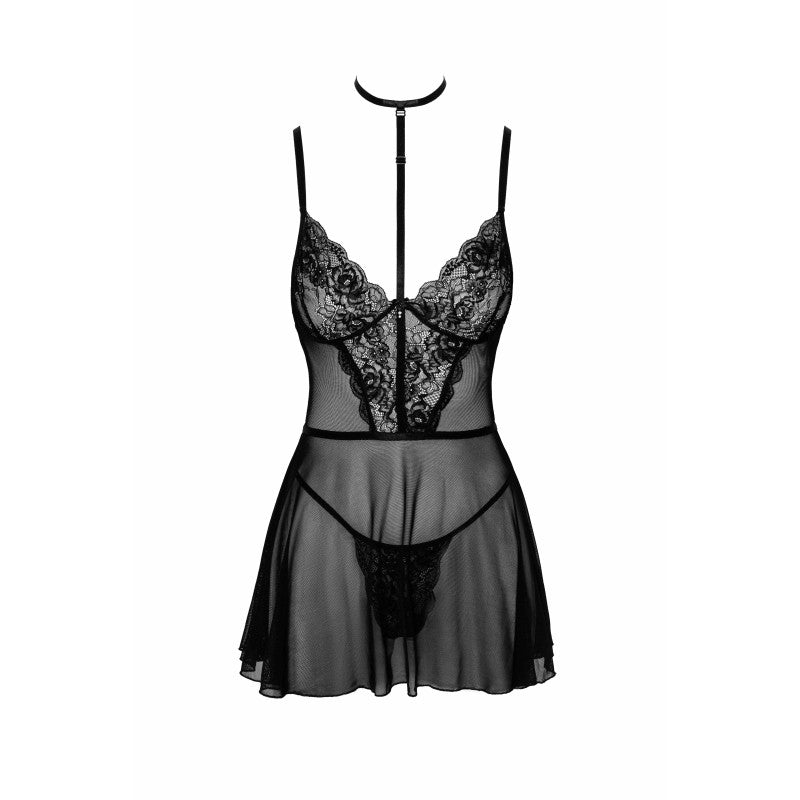 Nuisette sexy dentelle maille noire et string — vue ensemble 3 pièces