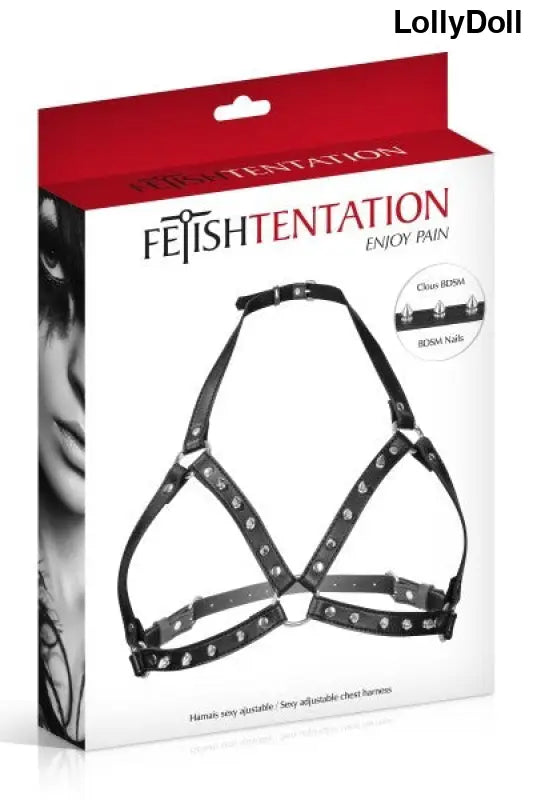 Découvrez le harnais poitrine à pointes Fetish Tentation, un accessoire audacieux de la catégorie BDSM qui allie style et séduction. Parfait pour ajouter une touche de provocation à vos jeux érotiques, ce harnais saura mettre en valeur votre silhouette avec ses détails élégants et osés. Un incontournable pour les amateurs de sensations fortes. Disponible chez LollyDoll.