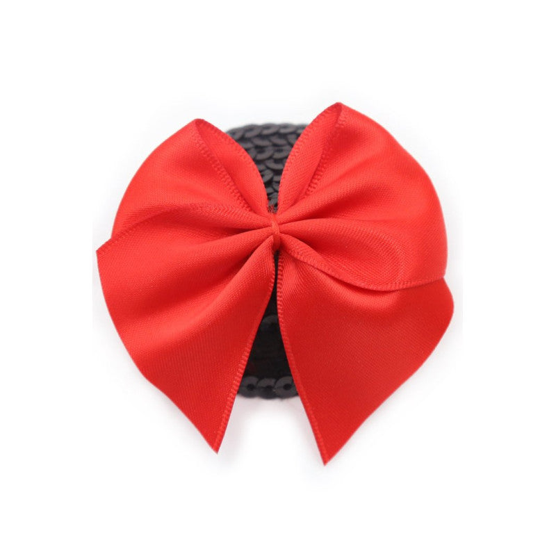 Cache tétons nœud papillon noir rouge satin — vue de profil, épaisseur et finition satin