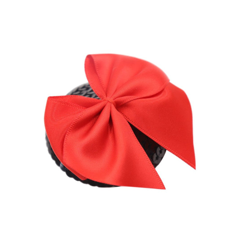 Cache tétons nœud papillon noir rouge satin — détail du nœud satin rouge sur disque noir